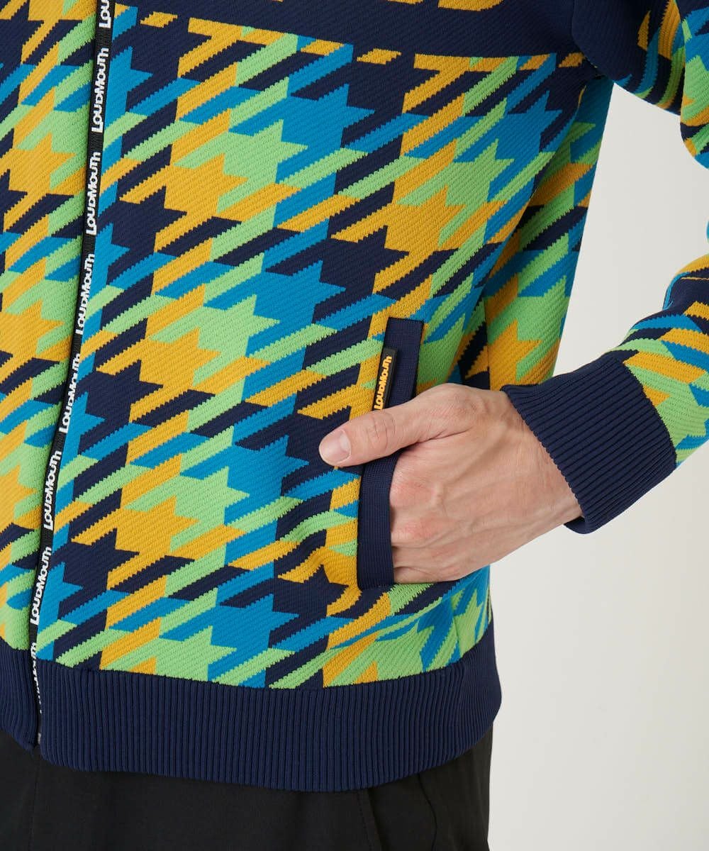 メンズ 裏蓄熱軽量ニットジャケット 千鳥柄 ターコイズ | LOUDMOUTH JAPAN