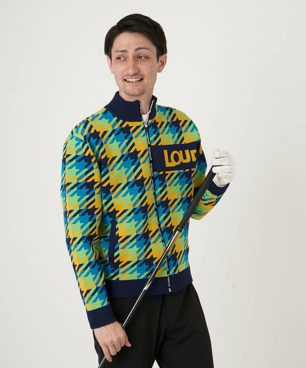 メンズ 裏蓄熱軽量ニットジャケット 千鳥柄 ターコイズ | LOUDMOUTH JAPAN