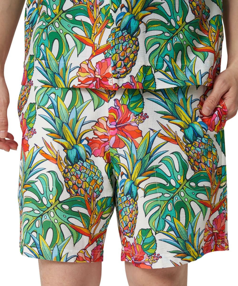 メンズ ストレッチサッカー 柄ショートパンツ Tropical Pine