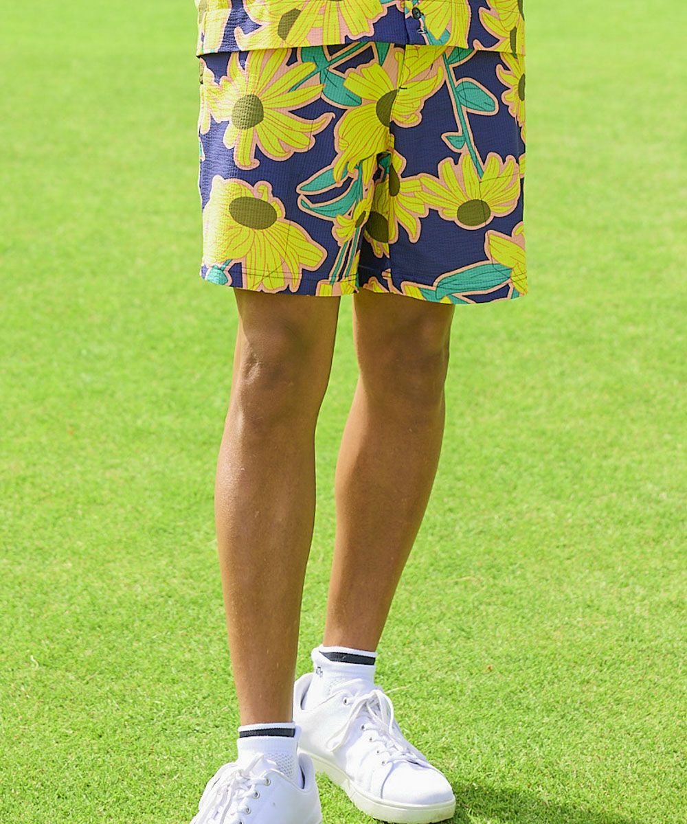 メンズ ストレッチサッカー 柄ショートパンツ Retro Helianthus/レトロ