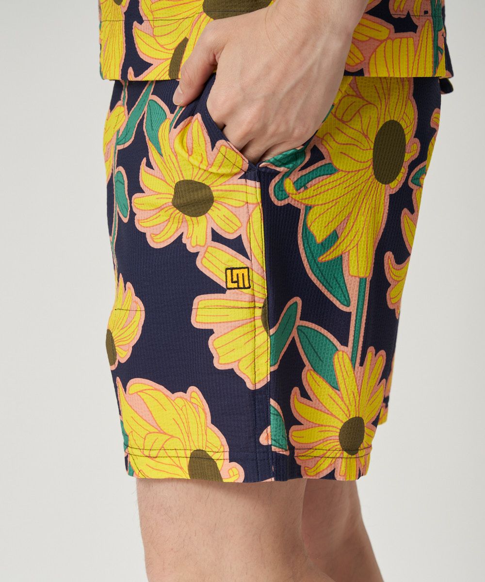メンズ ストレッチサッカー 柄ショートパンツ Retro Helianthus/レトロ