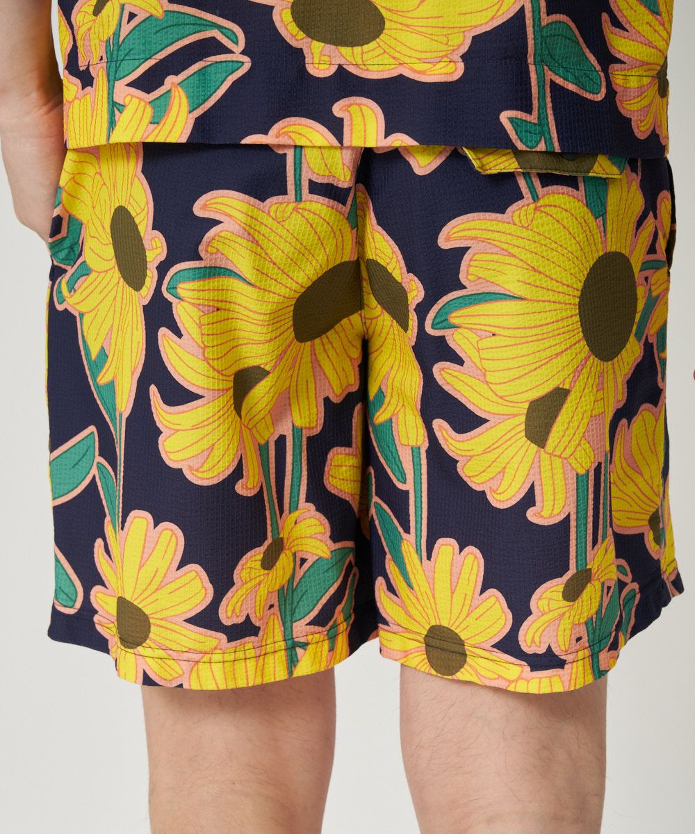 メンズ ストレッチサッカー 柄ショートパンツ Retro Helianthus/レトロ