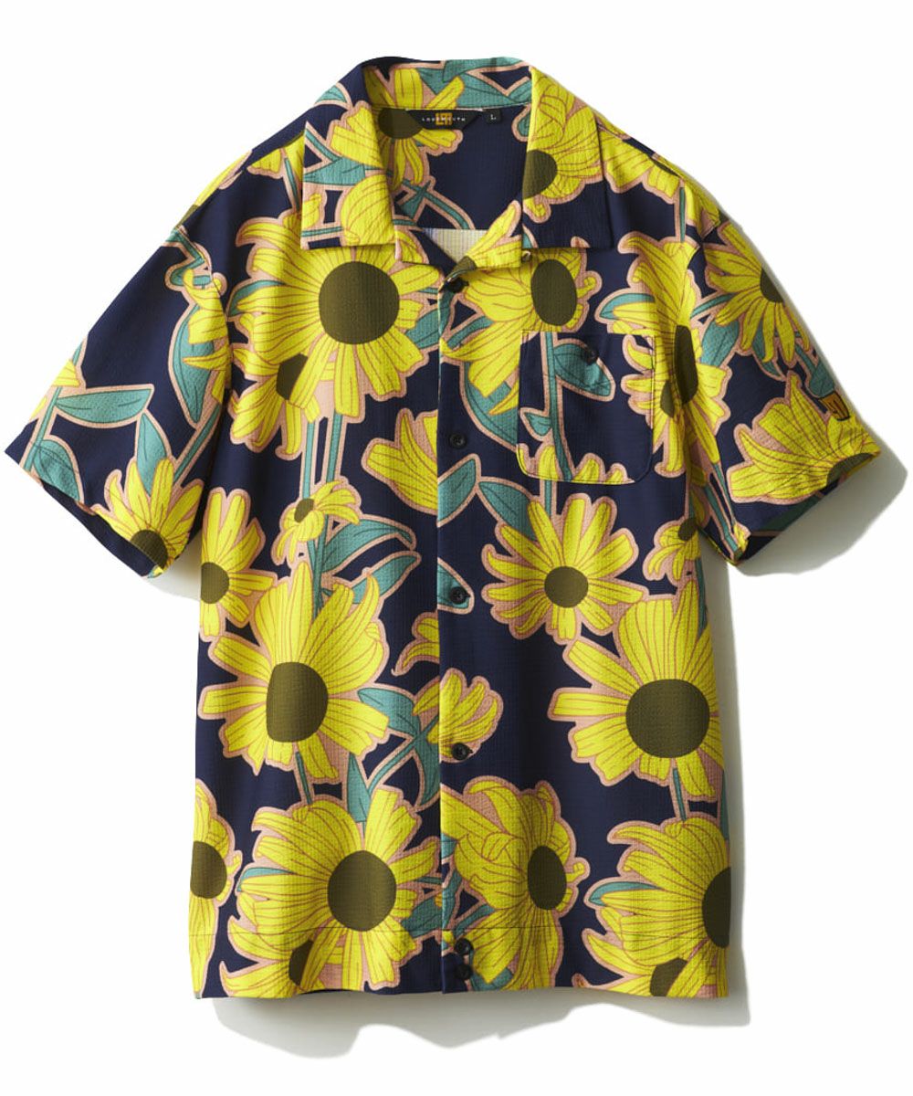 メンズ ストレッチサッカー 柄開襟半袖シャツ Retro Helianthus/レトロ