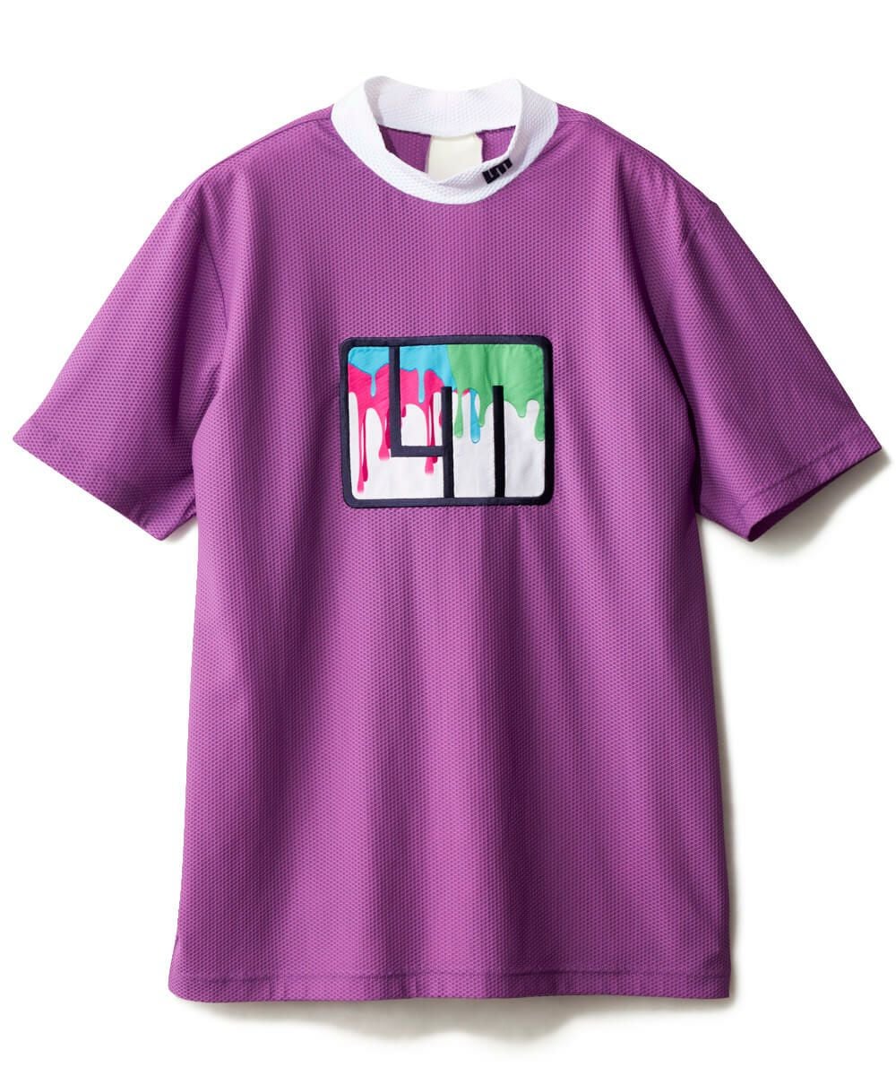 メンズ メッシュトリコット モックネック半袖シャツ パープル