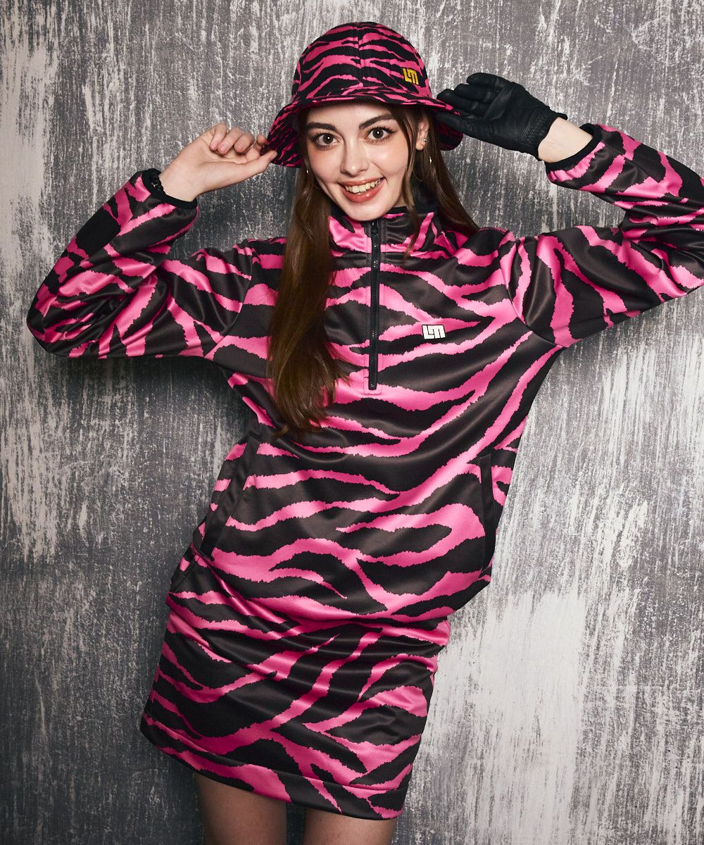 レディース 撥水裏フリース柄ハーフZIPプルオーバー Pink Tarzan